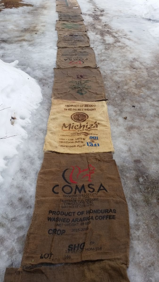 A path of jute coffee bags leads to The Roasting Shack